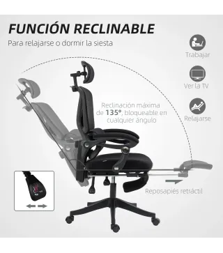 Silla de Escritorio de Malla Reclinable con Reposacabezas Soporte Lumbar Reposapiés y Altura Regulable Carga 135kg Negro
