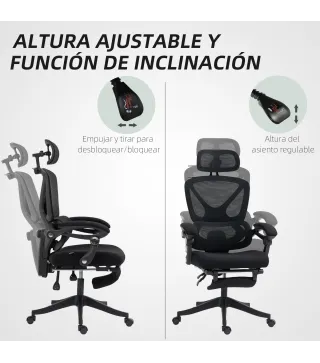 Silla de Escritorio de Malla Reclinable con Reposacabezas Soporte Lumbar Reposapiés y Altura Regulable Carga 135kg Negro