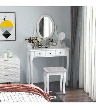 Tocador + Taburete y Espejo Mesa Maquillaje 5 Cajones Mesa MDF Estilo Colonial (Blanco)