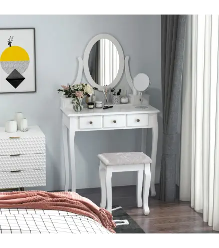 Tocador + Taburete y Espejo Mesa Maquillaje 5 Cajones Mesa MDF Estilo Colonial (Blanco)