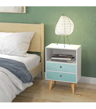 Cómoda de Madera Cajonera con 2 Cajones Mesita de Noche con Estante Abierto para Dormitorio Salón 45x30x65 cm Blanco