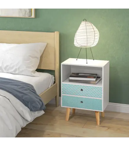 Cómoda de Madera Cajonera con 2 Cajones Mesita de Noche con Estante Abierto para Dormitorio Salón 45x30x65 cm Blanco