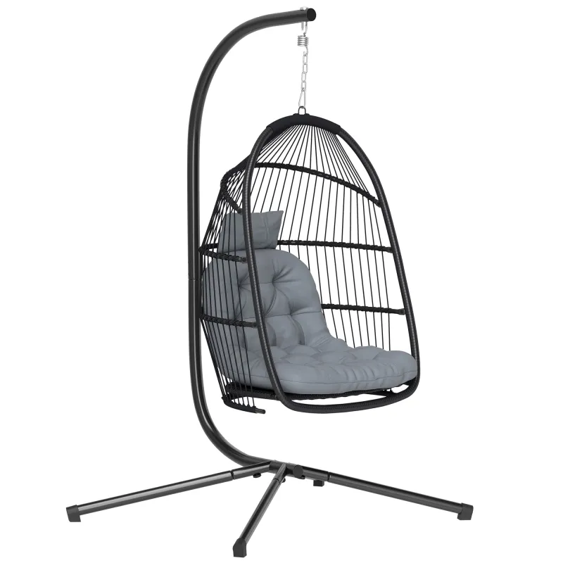 Silla Colgante Huevo con Soporte con Cesta Plegable Cojín y Reposacabezas para Interior y Exterior Carga 150 kg Gris