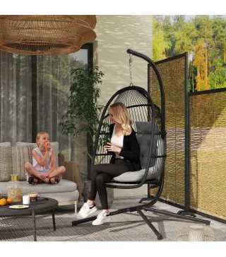 Silla Colgante Huevo con Soporte con Cesta Plegable Cojín y Reposacabezas para Interior y Exterior Carga 150 kg Gris