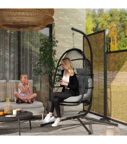 Silla Colgante Huevo con Soporte con Cesta Plegable Cojín y Reposacabezas para Interior y Exterior Carga 150 kg Gris
