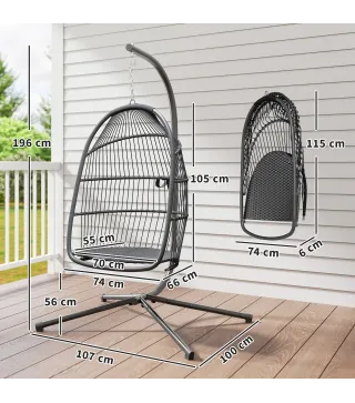 Silla Colgante Huevo con Soporte con Cesta Plegable Cojín y Reposacabezas para Interior y Exterior Carga 150 kg Gris