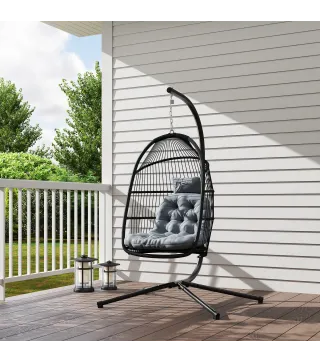 Silla Colgante Huevo con Soporte con Cesta Plegable Cojín y Reposacabezas para Interior y Exterior Carga 150 kg Gris