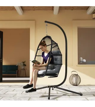 Silla Colgante Huevo con Soporte con Cesta Plegable Cojín y Reposacabezas para Interior y Exterior Carga 150 kg Gris