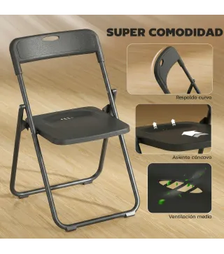 Juego de 6 Sillas Plegables de Plástico con Respaldo Curvo Diseño Ventilación Estructura de Acero 48,5x47x75 cm Negro