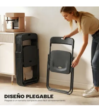 Juego de 6 Sillas Plegables de Plástico con Respaldo Curvo Diseño Ventilación Estructura de Acero 48,5x47x75 cm Negro