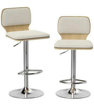 Juego de 2 Taburetes Altos de Cocina Giratorios en 360° Regulables en Altura de 81-102 cm Tapizados en Lino Beige