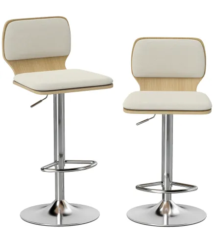 Juego de 2 Taburetes Altos de Cocina Giratorios en 360° Regulables en Altura de 81-102 cm Tapizados en Lino Beige