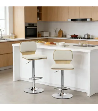 Juego de 2 Taburetes Altos de Cocina Giratorios en 360° Regulables en Altura de 81-102 cm Tapizados en Lino Beige