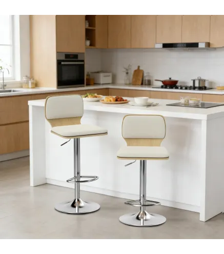 Juego de 2 Taburetes Altos de Cocina Giratorios en 360° Regulables en Altura de 81-102 cm Tapizados en Lino Beige