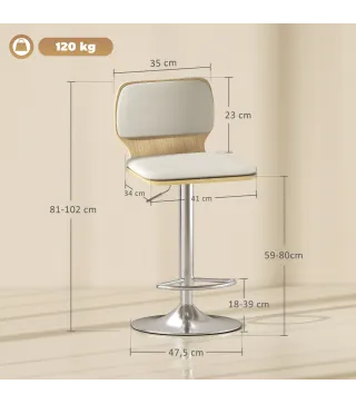 Juego de 2 Taburetes Altos de Cocina Giratorios en 360° Regulables en Altura de 81-102 cm Tapizados en Lino Beige