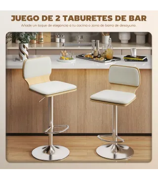 Juego de 2 Taburetes Altos de Cocina Giratorios en 360° Regulables en Altura de 81-102 cm Tapizados en Lino Beige