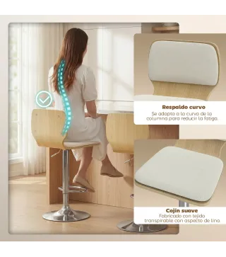 Juego de 2 Taburetes Altos de Cocina Giratorios en 360° Regulables en Altura de 81-102 cm Tapizados en Lino Beige