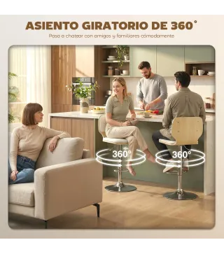 Juego de 2 Taburetes Altos de Cocina Giratorios en 360° Regulables en Altura de 81-102 cm Tapizados en Lino Beige