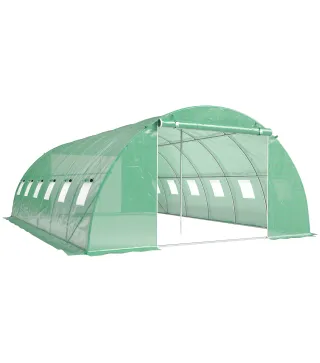 Invernadero de Túnel con 2 Varillas de Soporte 2 Puertas Enrollables y Ventanas de Malla Cubierta de PE Anti-UV Verde