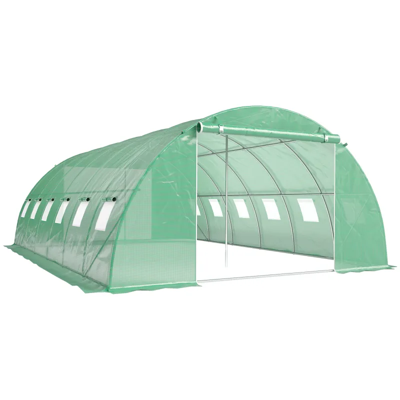 Invernadero de Túnel con 2 Varillas de Soporte 2 Puertas Enrollables y Ventanas de Malla Cubierta de PE Anti-UV Verde