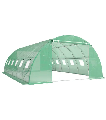 Invernadero de Túnel con 2 Varillas de Soporte 2 Puertas Enrollables y Ventanas de Malla Cubierta de PE Anti-UV Verde