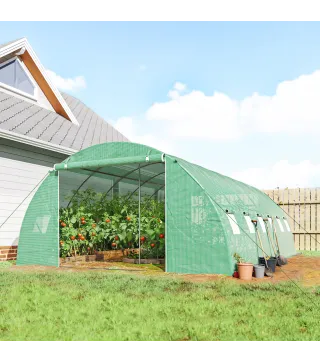 Invernadero de Túnel con 2 Varillas de Soporte 2 Puertas Enrollables y Ventanas de Malla Cubierta de PE Anti-UV Verde