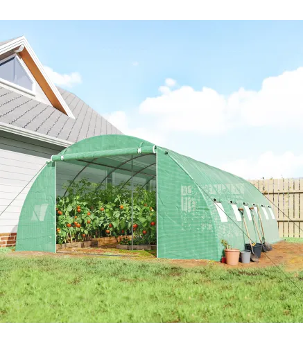 Invernadero de Túnel con 2 Varillas de Soporte 2 Puertas Enrollables y Ventanas de Malla Cubierta de PE Anti-UV Verde
