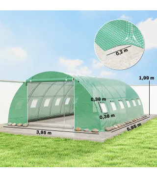 Invernadero de Túnel con 2 Varillas de Soporte 2 Puertas Enrollables y Ventanas de Malla Cubierta de PE Anti-UV Verde