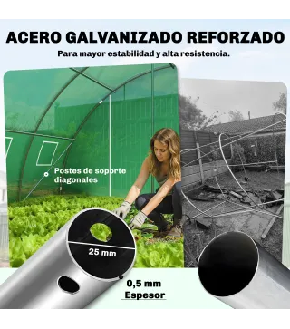 Invernadero de Túnel con 2 Varillas de Soporte 2 Puertas Enrollables y Ventanas de Malla Cubierta de PE Anti-UV Verde