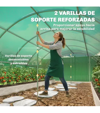 Invernadero de Túnel con 2 Varillas de Soporte 2 Puertas Enrollables y Ventanas de Malla Cubierta de PE Anti-UV Verde