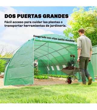 Invernadero de Túnel con 2 Varillas de Soporte 2 Puertas Enrollables y Ventanas de Malla Cubierta de PE Anti-UV Verde