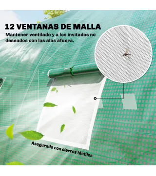 Invernadero de Túnel con 2 Varillas de Soporte 2 Puertas Enrollables y Ventanas de Malla Cubierta de PE Anti-UV Verde