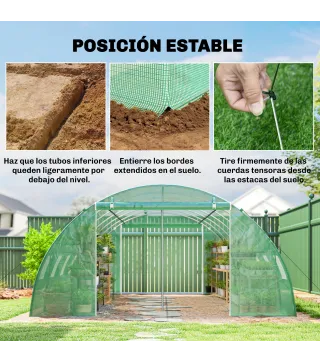 Invernadero de Túnel con 2 Varillas de Soporte 2 Puertas Enrollables y Ventanas de Malla Cubierta de PE Anti-UV Verde