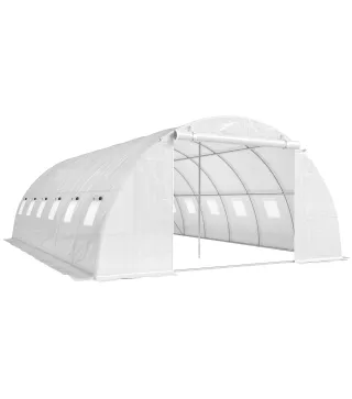 Invernadero de Túnel con 2 Varillas de Soporte 2 Puertas Enrollables y Ventanas de Malla Cubierta de PE Anti-UV Blanco