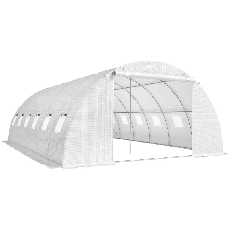 Invernadero de Túnel con 2 Varillas de Soporte 2 Puertas Enrollables y Ventanas de Malla Cubierta de PE Anti-UV Blanco