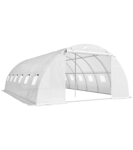 Invernadero de Túnel con 2 Varillas de Soporte 2 Puertas Enrollables y Ventanas de Malla Cubierta de PE Anti-UV Blanco