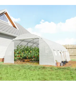 Invernadero de Túnel con 2 Varillas de Soporte 2 Puertas Enrollables y Ventanas de Malla Cubierta de PE Anti-UV Blanco