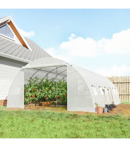 Invernadero de Túnel con 2 Varillas de Soporte 2 Puertas Enrollables y Ventanas de Malla Cubierta de PE Anti-UV Blanco