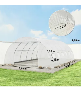 Invernadero de Túnel con 2 Varillas de Soporte 2 Puertas Enrollables y Ventanas de Malla Cubierta de PE Anti-UV Blanco