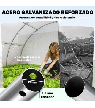 Invernadero de Túnel con 2 Varillas de Soporte 2 Puertas Enrollables y Ventanas de Malla Cubierta de PE Anti-UV Blanco
