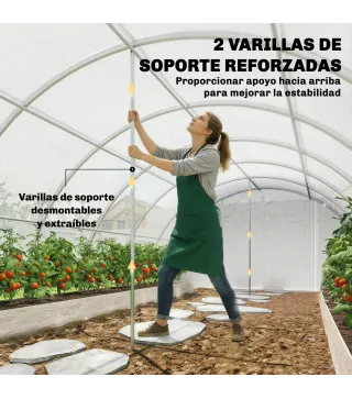 Invernadero de Túnel con 2 Varillas de Soporte 2 Puertas Enrollables y Ventanas de Malla Cubierta de PE Anti-UV Blanco