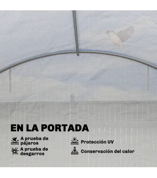 Invernadero de Túnel con 2 Varillas de Soporte 2 Puertas Enrollables y Ventanas de Malla Cubierta de PE Anti-UV Blanco