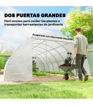 Invernadero de Túnel con 2 Varillas de Soporte 2 Puertas Enrollables y Ventanas de Malla Cubierta de PE Anti-UV Blanco