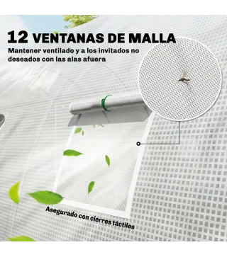 Invernadero de Túnel con 2 Varillas de Soporte 2 Puertas Enrollables y Ventanas de Malla Cubierta de PE Anti-UV Blanco