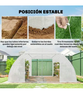 Invernadero de Túnel con 2 Varillas de Soporte 2 Puertas Enrollables y Ventanas de Malla Cubierta de PE Anti-UV Blanco