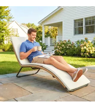 Tumbona de Jardín Exterior de Ratán en Forma de S con Cojín Asiento Transpirable y Estructura de Acero para Patio Crema