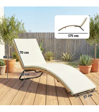 Tumbona de Jardín Exterior de Ratán en Forma de S con Cojín Asiento Transpirable y Estructura de Acero para Patio Crema