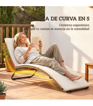 Tumbona de Jardín Exterior de Ratán en Forma de S con Cojín Asiento Transpirable y Estructura de Acero para Patio Crema