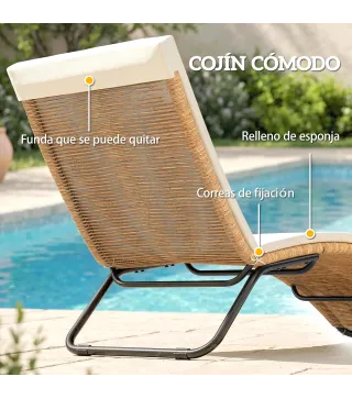 Tumbona de Jardín Exterior de Ratán en Forma de S con Cojín Asiento Transpirable y Estructura de Acero para Patio Crema