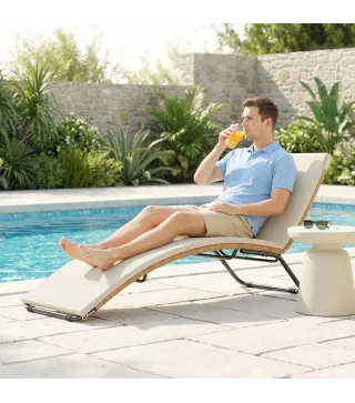 Tumbona de Jardín Exterior de Ratán en Forma de S con Cojín Asiento Transpirable y Estructura de Acero para Patio Crema